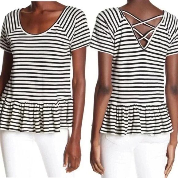 Lucky Brand Stripe Criss-Cross Back Peplum Top Small NWT - Picture 1 of 5